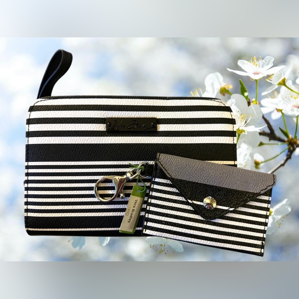 Vera Bradley Zip Around Wallet & Envelope Clip Case Keychain in Midnight Stripe